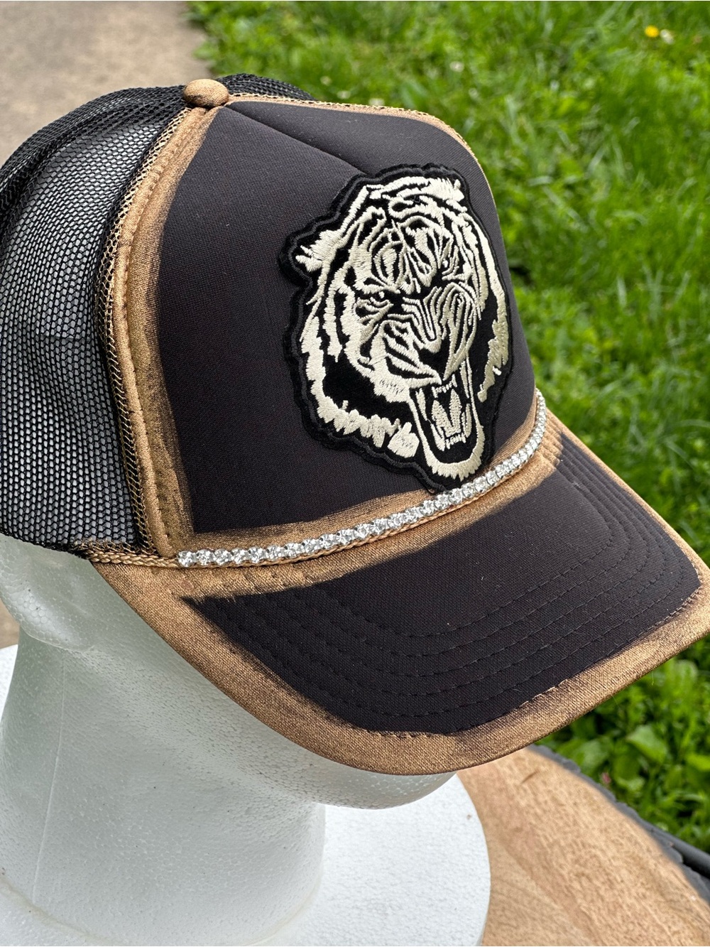 OTTO Black and Tan Tiger Patch Trucker Hat with Crystal Trim